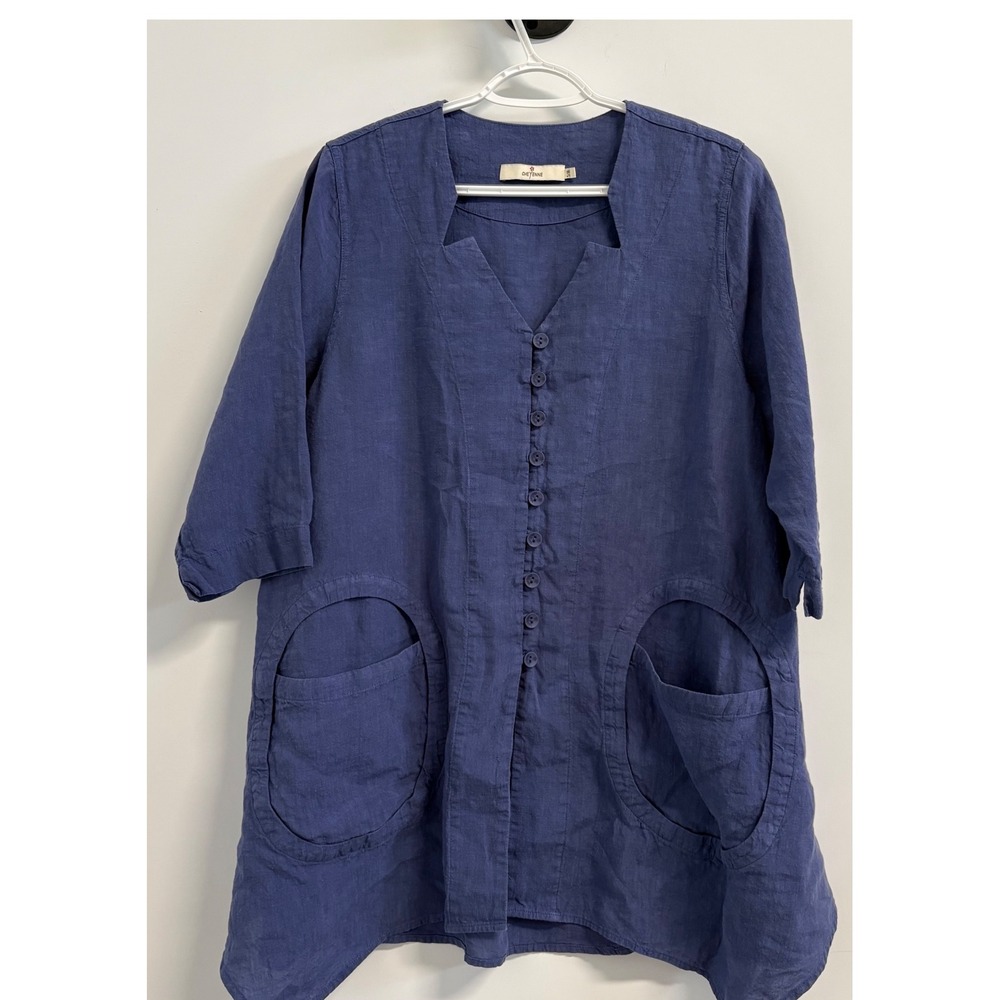 Cheyenne Blue 100% Linen Button Front Tunic Lagenlook Pocket Top S/M